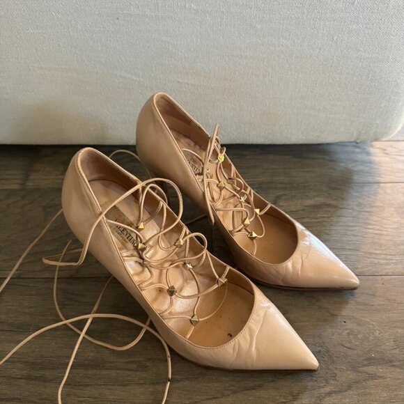 Valentino Nude Beige Lace Up Heels 38.5 - Picture 2 of 3